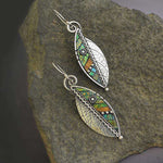 SILVER-PLATED LONG HANGING ABSTRACT IRIDESCENT GREEN LEAF EARRINGS