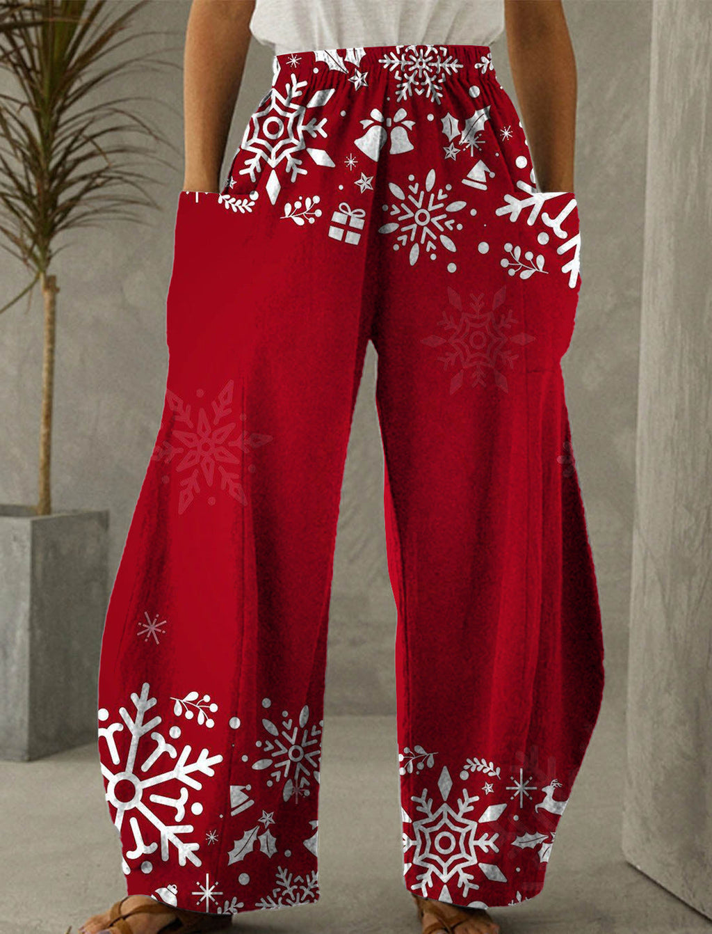 Christmas Red Snowflake Print Casual Pants