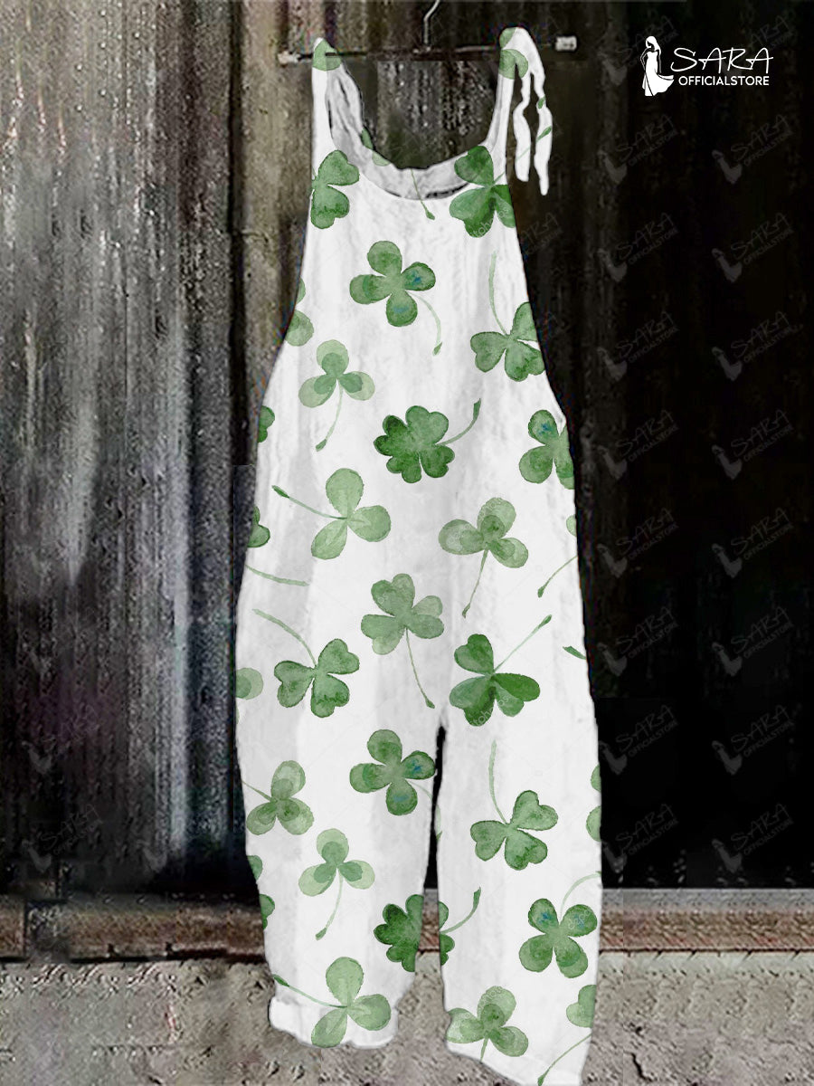 St. Patrick's Day Shamrock Print White Jumpsuit