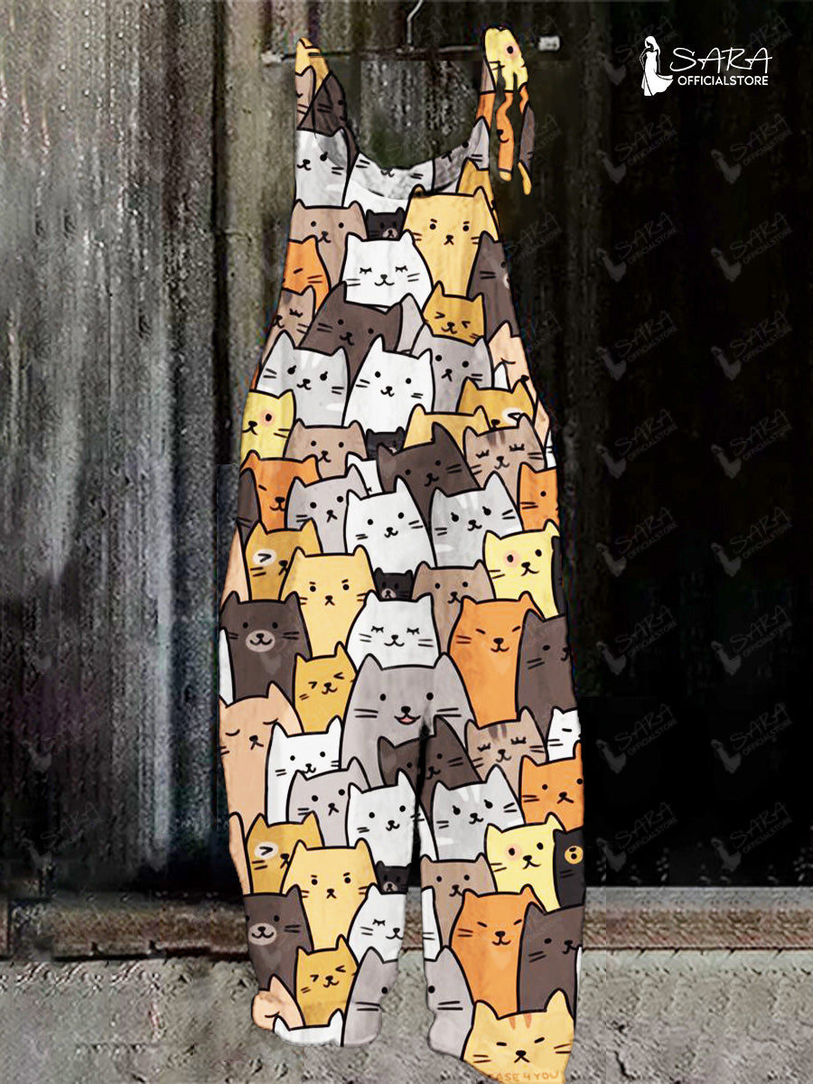 Ladies Casual Cartoon Cat Print Pocket Jumpsuit