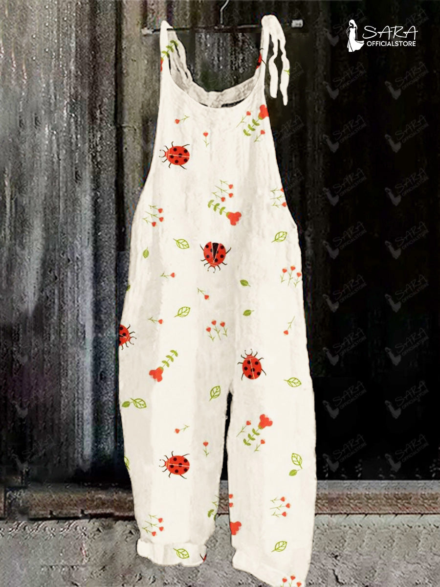 Ladies Casual Ladybug Print Pocket Jumpsuit