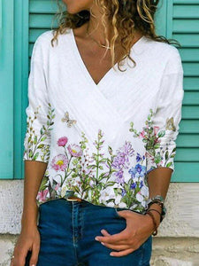 CASUAL COTTON-BLEND FLORAL-PRINT LONG SLEEVE SHIRTS & TOPS