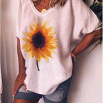 LOOSE CASUAL SUNFLOWER PRINT SHORT SLEEVE ROUND NECK T-SHIRT