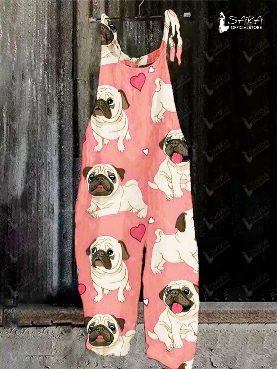 Ladies Casual French Bulldog Print Pocket Jumpsuit
