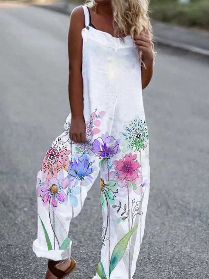 Ladies casual cotton jumpsuit with dandelion flower print