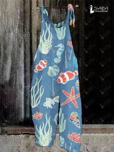 Ladies Casual Fish Print Pocket Jumpsuit