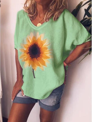 LOOSE CASUAL SUNFLOWER PRINT SHORT SLEEVE ROUND NECK T-SHIRT