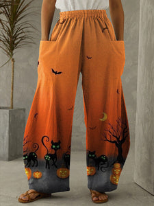 Pumpkin Cat Halloween Print Vintage Pants