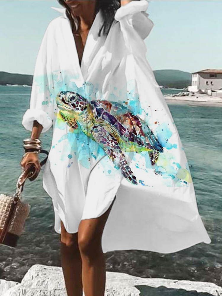 Casual seaside ocean turtle print loose shirt dress