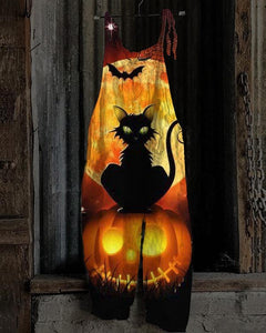 Women's Halloween Night Pumpkin Cat Jumpsuit -4