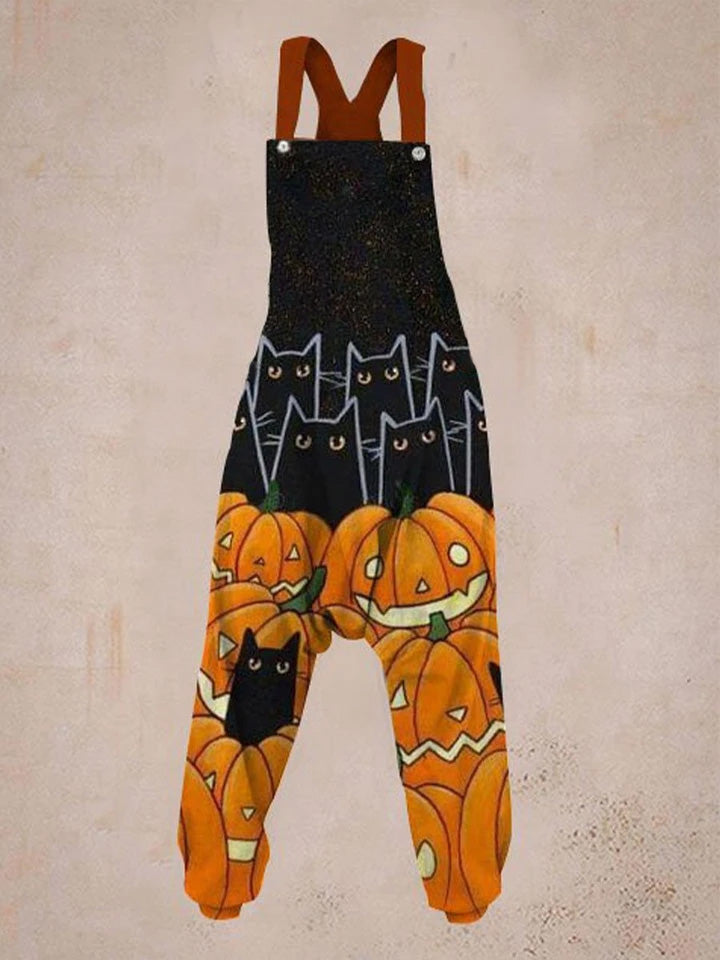 Women's Halloween Pumpkin and Cat Print Harlan Jumpsuit