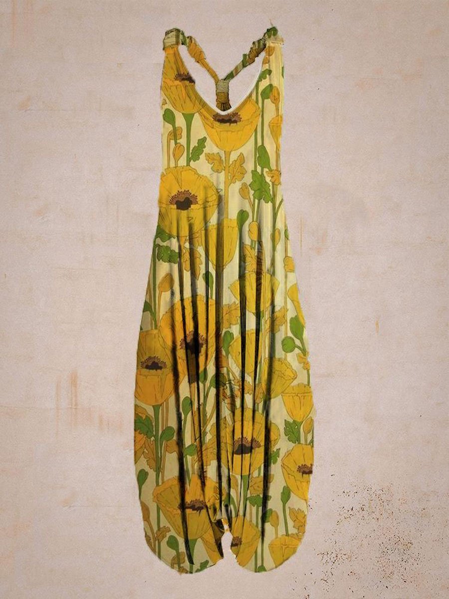 Sunflower Print Sleeveless Harem Jumpsuit
