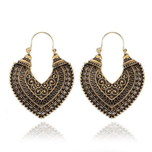Vintage national style heart-shaped carved hollow-out Alloy earrings