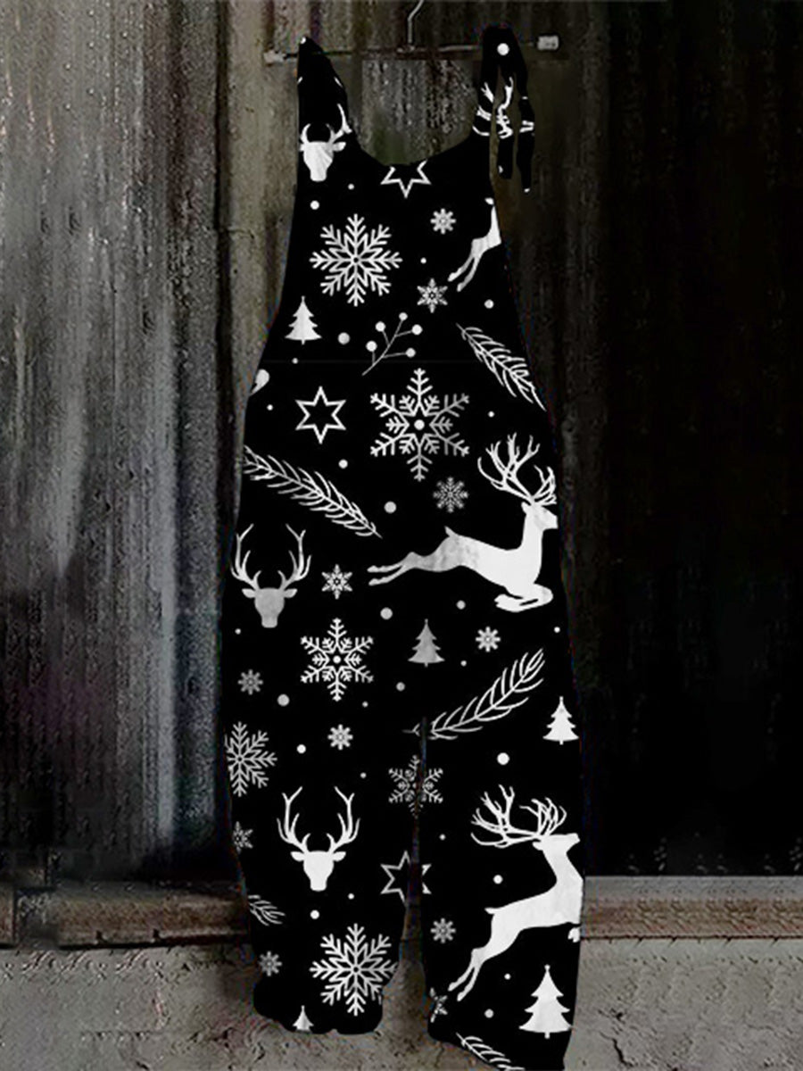 Christmas black and white elk snowflake print jumpsuit