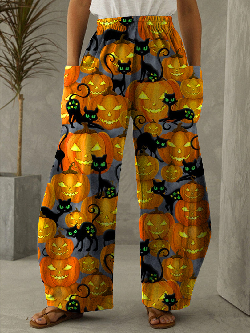 Halloween Black Cat Pumpkin Print Vintage Pants