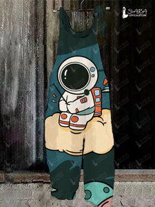 Ladies Cute Cartoon Astronaut Print Jumpsuit