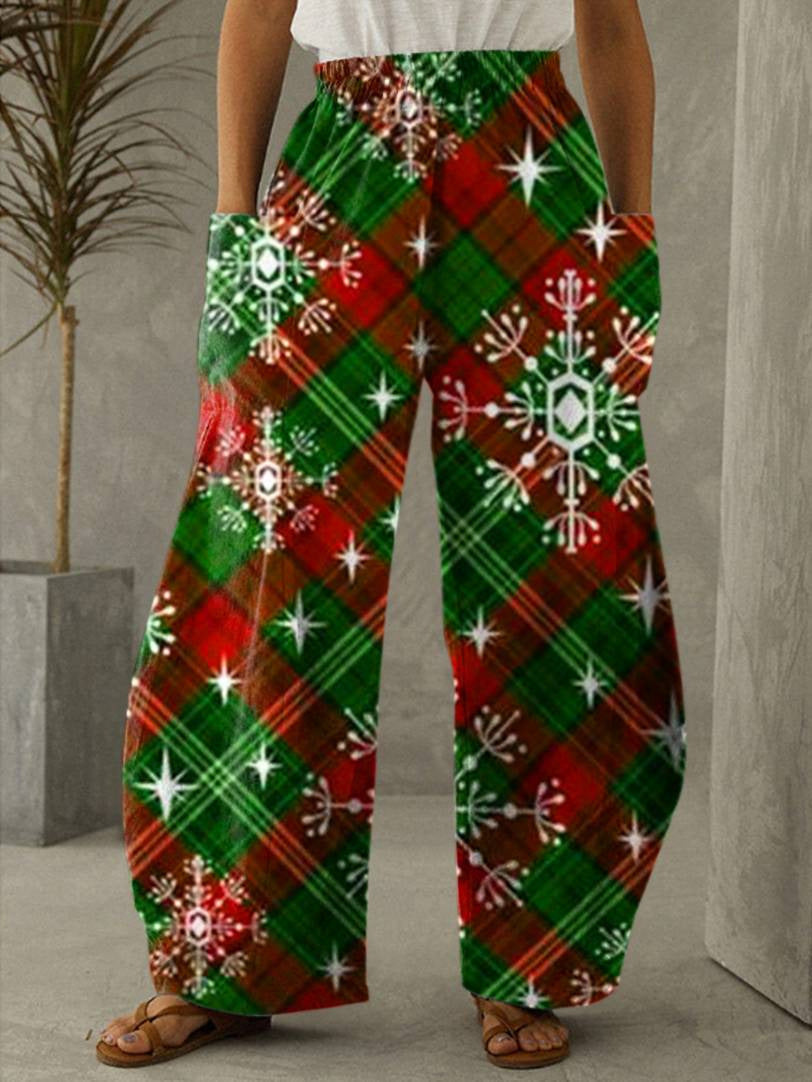 Christmas Green And Red Plaid Print Vintage Casual Loose Pants