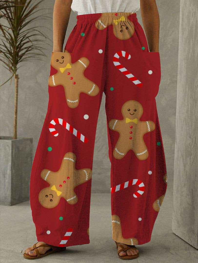 Christmas Red Biscuit Pattern Print Vintage Casual Loose Pants