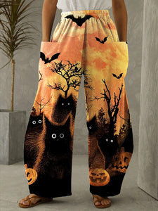 Halloween Cats Pumpkin Print Vintage Pants