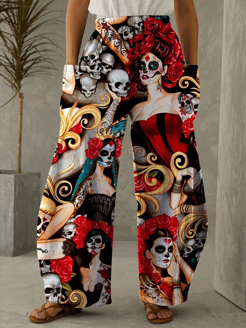 Day of the Dead Print Vintage Casual Pants