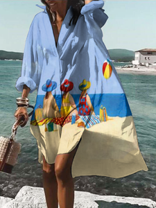 Casual seaside ocean art character print loose shirt dress