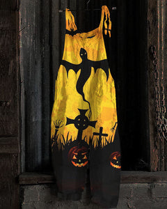 Women's Halloween Night Pumpkin Print Jumpsuit - 6