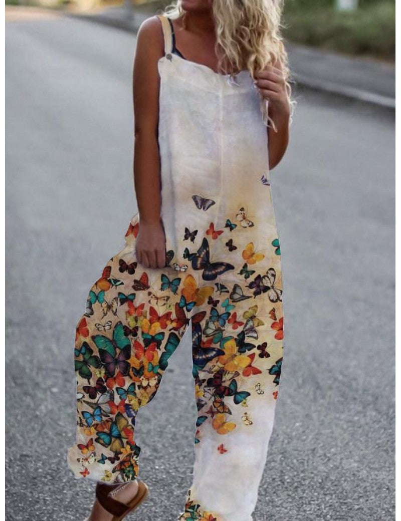 Ladies cotton and linen comfortable butterfly print jumpsuit