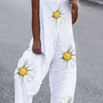 Sunflower print ladies casual cotton jumpsuit